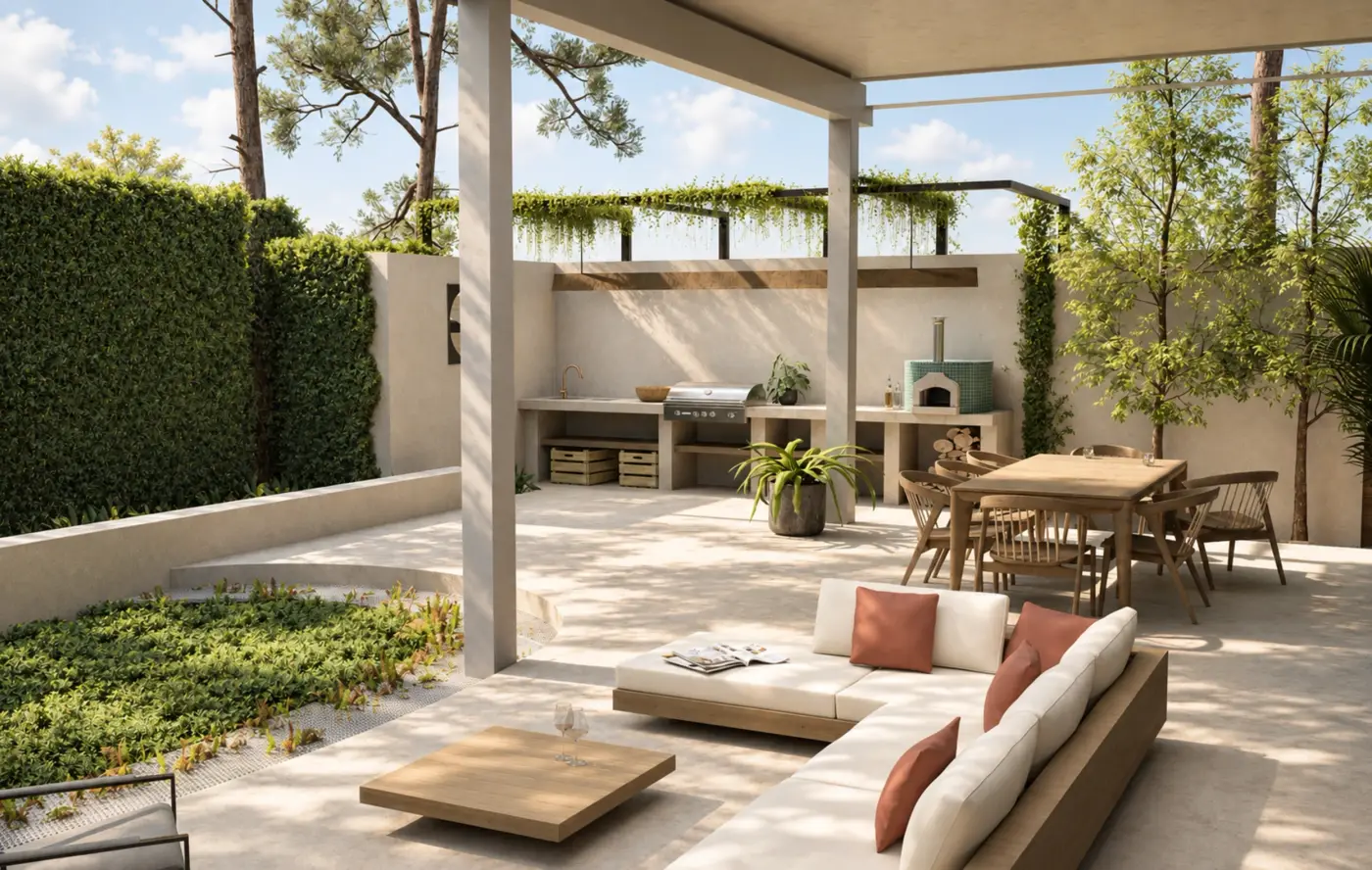 Rendering of an outdoor living room under a pergola