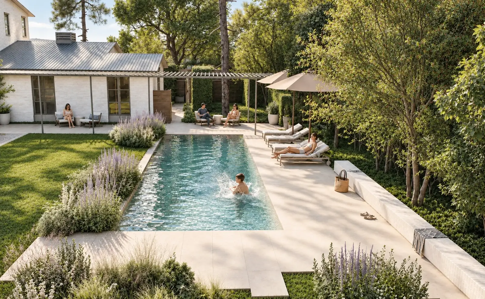 Swimmer in a long pool edged with lavender, lawn and a shaded terrace