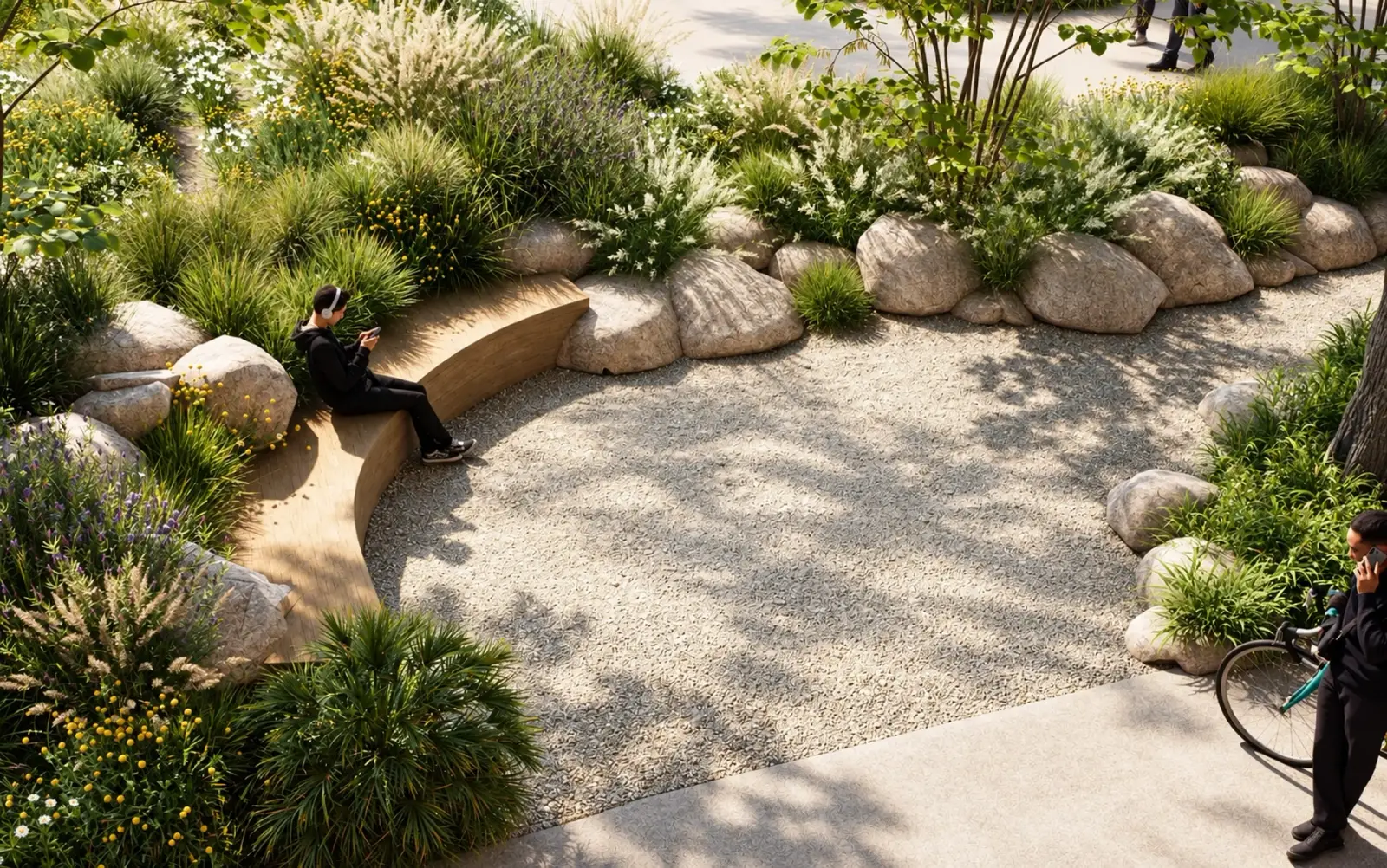 Rendering of a gravel clearing ringed by boulders, grasses and a curved bench