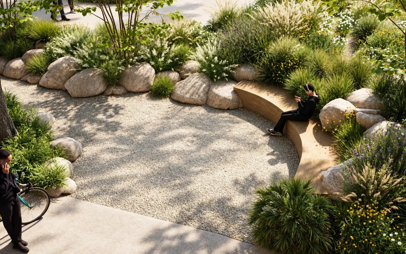 Rendering of a gravel clearing ringed by boulders, grasses and a curved bench