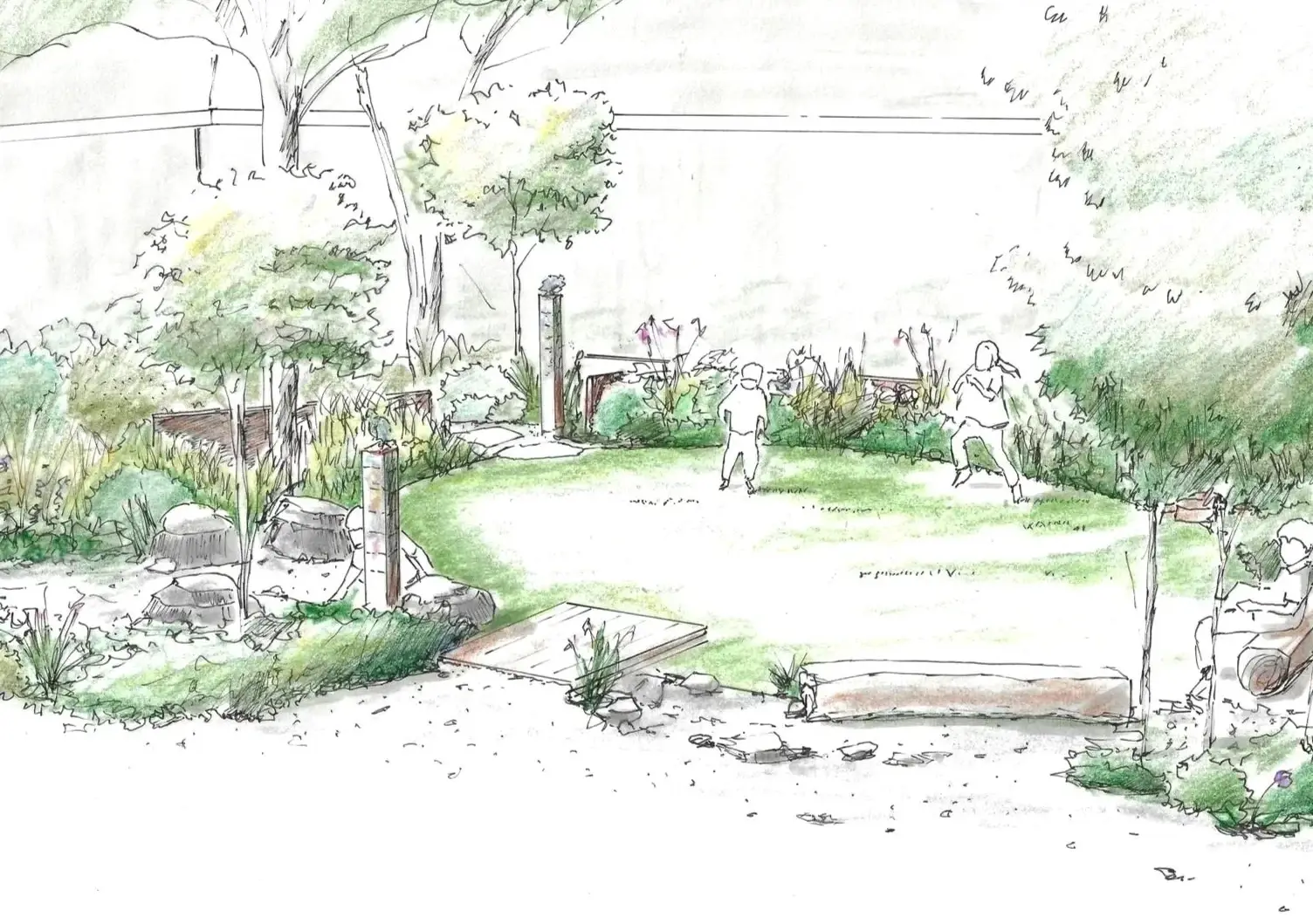 Watercolor sketch of a garden with trees and lawn