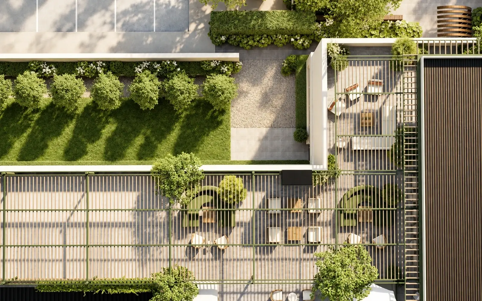 Rendering of a courtyard and roof terrace seen from above