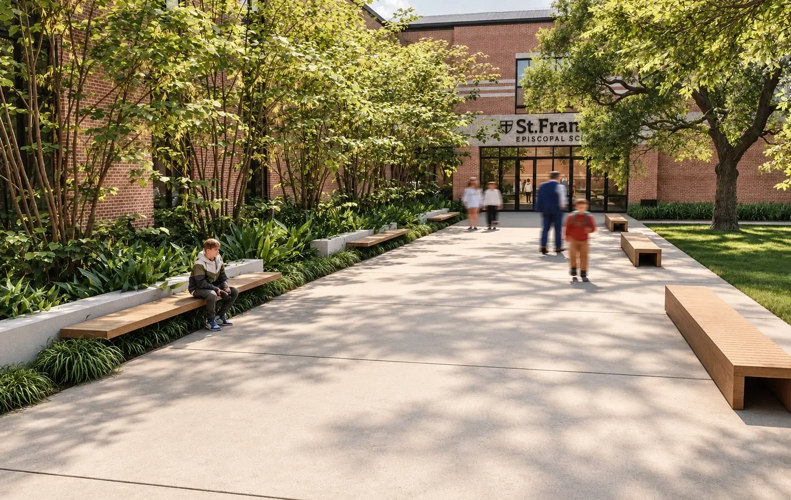 Rendering of a wide campus walk with benches under trees