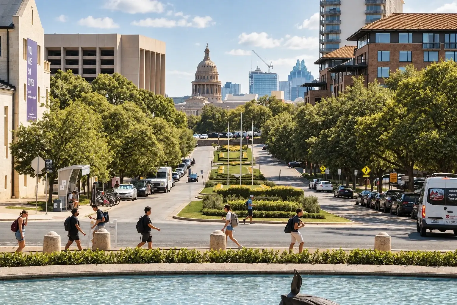 Tree-lined campus mall with planted medians and a fountain