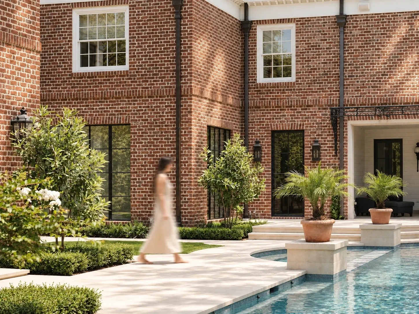 Brick house with a pool terrace and potted palms