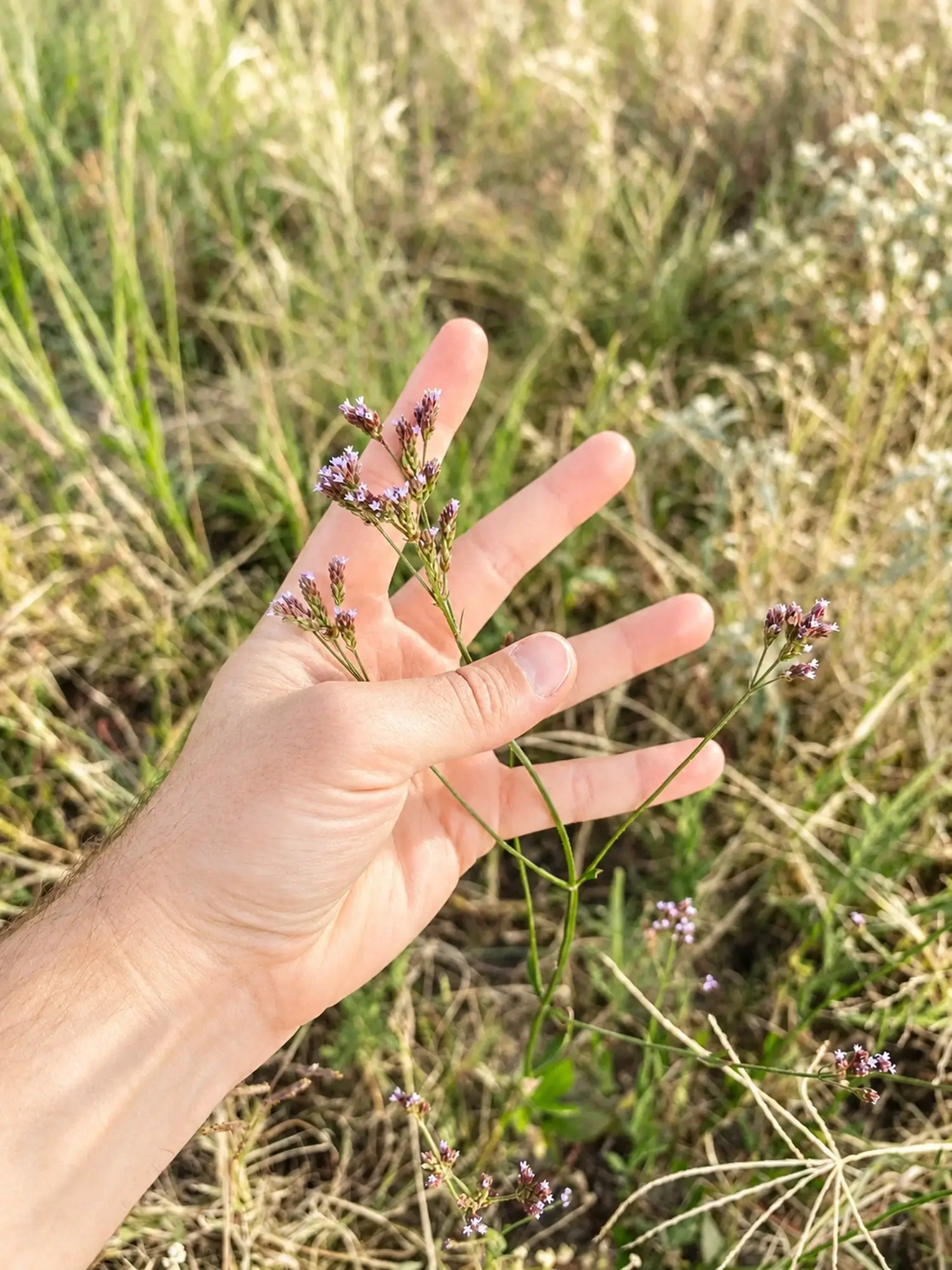 Hand brushing through meadow grasses on a site visit