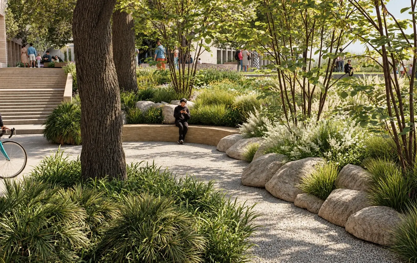 Rendering of a shaded gravel clearing with boulders, grasses and a curved bench