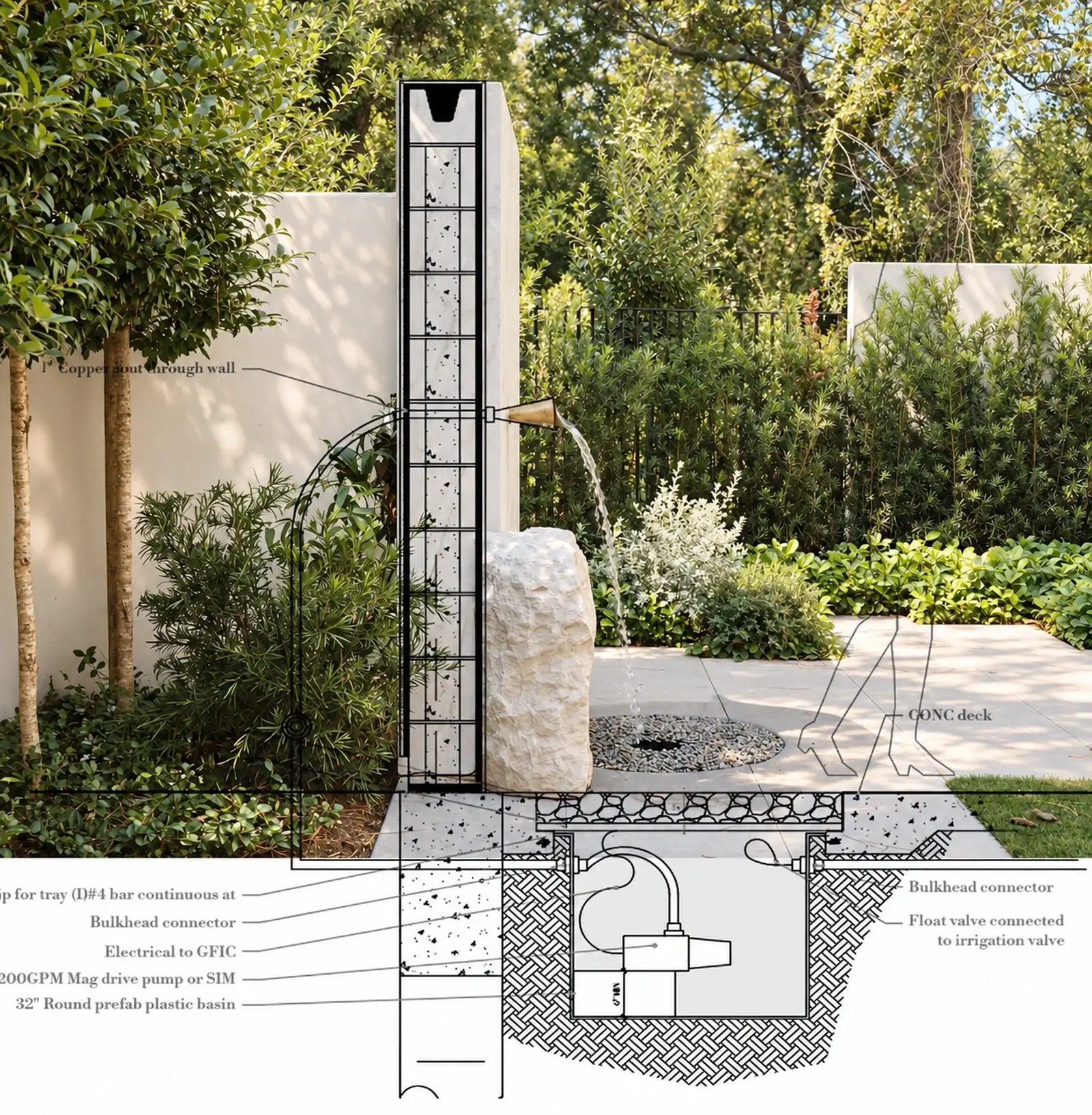 Construction detail drawing overlaid on a photo of the finished fountain wall