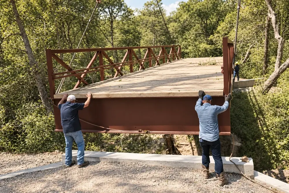 Two crew members guiding a steel and timber bridge into place