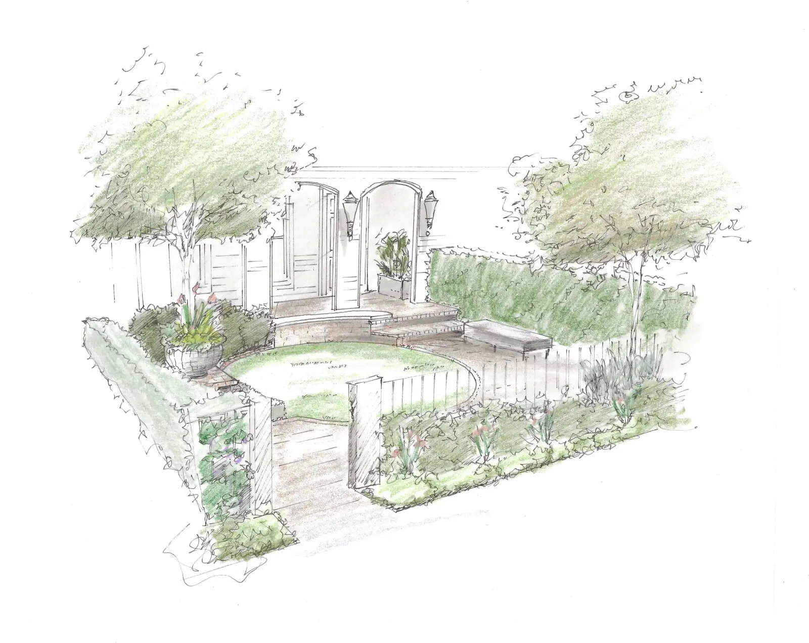 Watercolor sketch of a walled garden