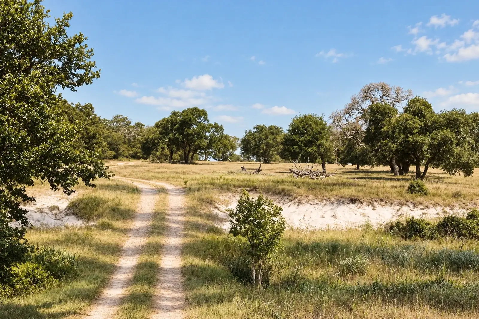Ranch track running through open pasture and live oaks